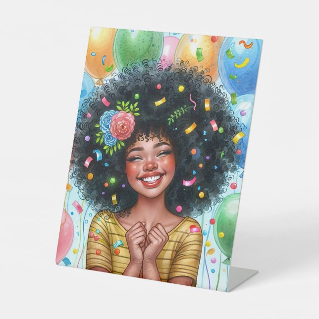 Signe De Table Fille d'anniversaire avec peau Brown et Afro (Recto)