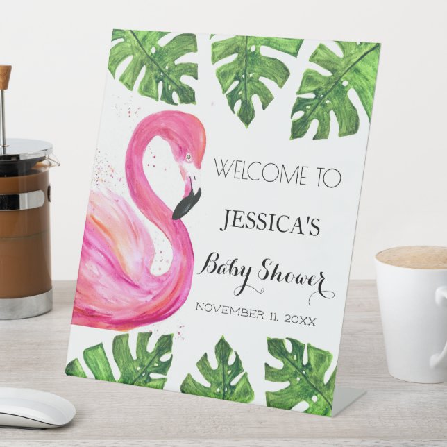 Signe De Table Flamant rose Tropical Feuilles Baby shower Affiche (In SItu)