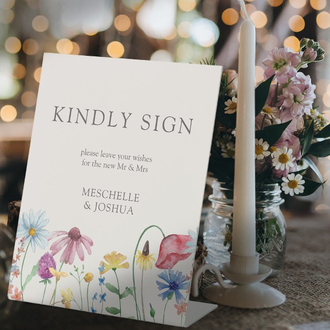 Signe De Table Fleur sauvage Pays Floral Mariage Livre d'or (Wedding Sign requesting guests to sign your guest book with border of watercolor wildflowers)