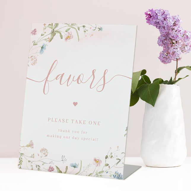 Signe De Table Fleur sauvage Rose Faveurs Mariage S'Il Vous Plaît (Pink Wildflower Wedding Favors Please Take One Pedestal Sign)