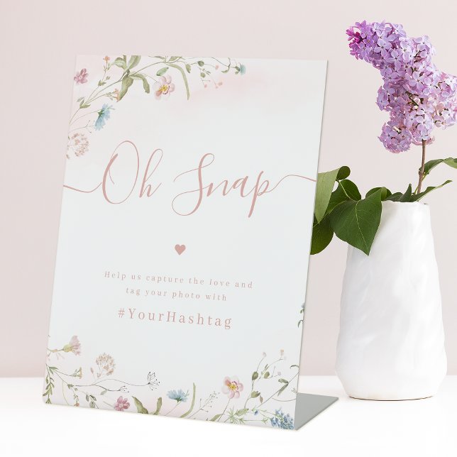 Signe De Table Fleur sauvage rose script Mariage rustique Oh Snap (Pink Wildflower script rustic Wedding Oh Snap Pedestal Sign)
