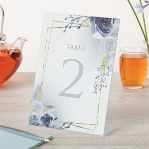 Signe De Table fleurs bleues et fausse feuille d'or Baptême