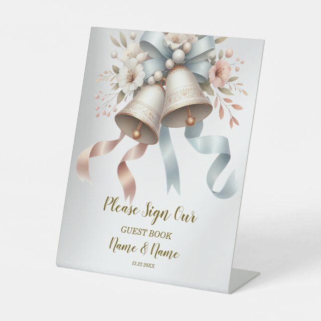 Signe De Table Fleurs de mariage cloches Rubans bleu rose Beau (Recto)