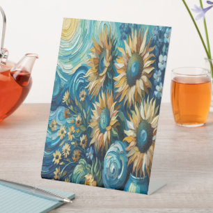 Signe De Table Fleurs de soleil rayonnantes au cadre bleu paisibl