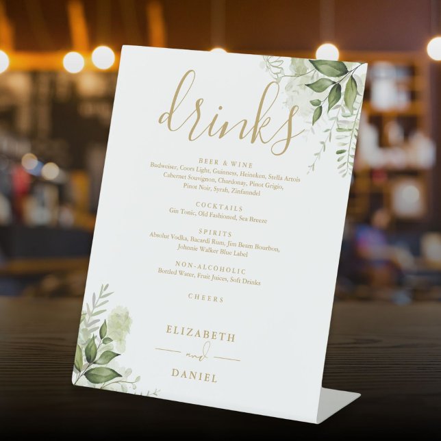 Signe De Table Floral Greenery Gold Mariage Boissons Menu (Floral Greenery Gold Wedding Drinks Menu Pedestal Sign)