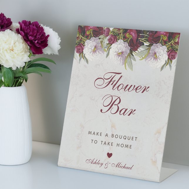 Signe De Table Floral Peonies Marbre Élégant Script Flower Bar (Créateur téléchargé)