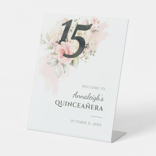 Signe De Table Floral Quinceanera Rose 15ème anniversaire (Recto)