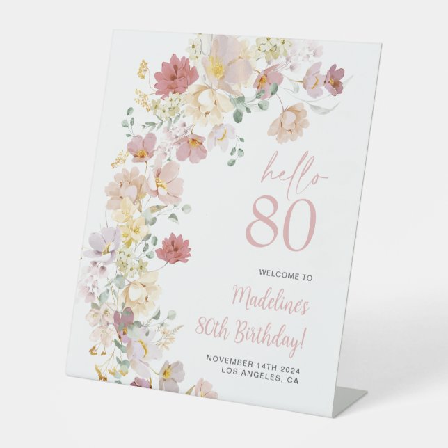 Signe De Table Floral rose pâle 80e anniversaire Bienvenue (Recto)