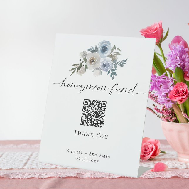 Signe De Table Fonds de lune de miel Code QR Dusty Blue Mariage (Créateur téléchargé)