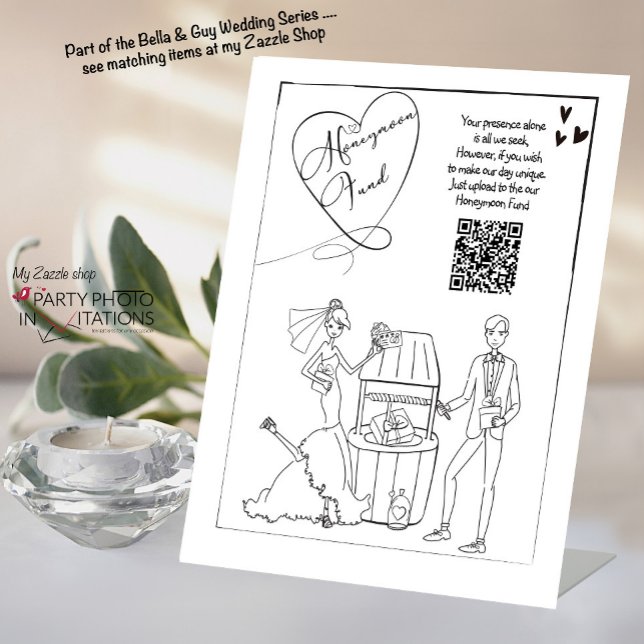 Signe De Table Fonds Lune de miel Signer Mariage Cadeau en espèce (Bella and Guy Hand drawn Honeymoon fund)