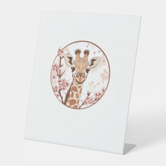 Signe De Table Giraffe au milieu du cercle des fleurs de cerisier