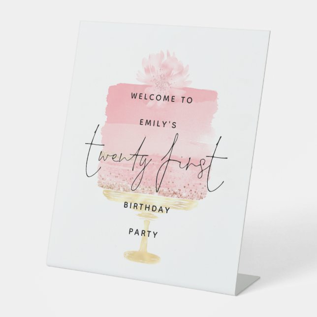 Signe De Table Glam Pink Cake Bienvenue Nom Script 21st Party (Recto)