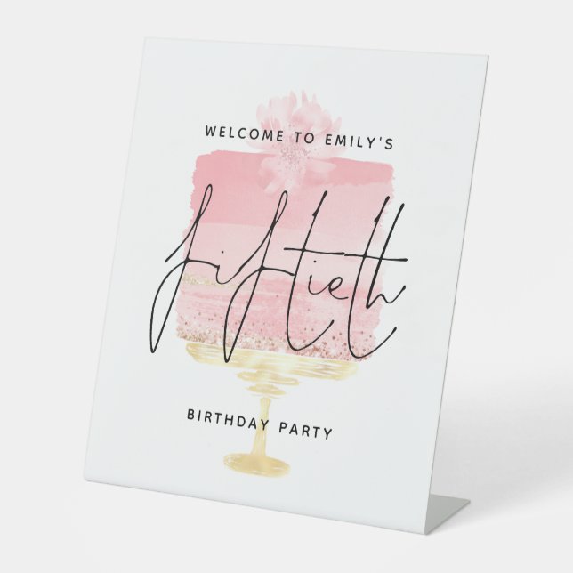 Signe De Table Glam Pink Cake Bienvenue Nom Script 50th Party (Recto)