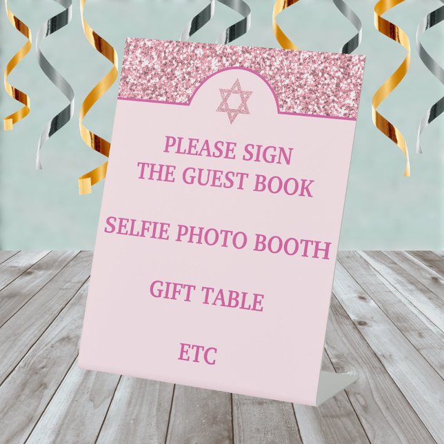 Signe De Table Glam Pink Créez votre propre Bat mitzvah élégant (Create all the custom table top signs you need for your Bat Mitzvah party in this pink glam design)