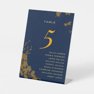 Signe De Table Gold Floral Navy Blue Guest Names Numéro de tablea