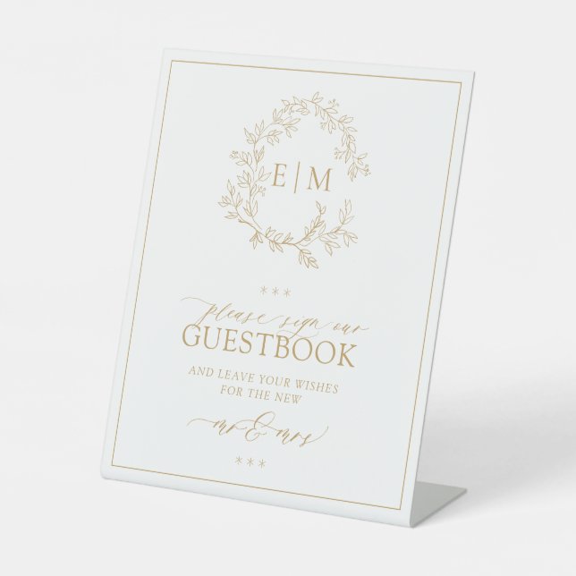 Signe De Table Gold Leafy Crest Monogram Mariage Livre d'or (Recto)