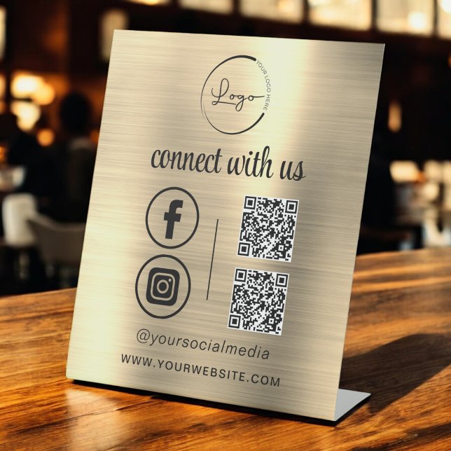 Signe De Table Gold QR Connect With Us Business Logo Médias socia (Créateur téléchargé)