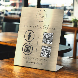Signe De Table Gold QR Connect With Us Business Logo Médias socia