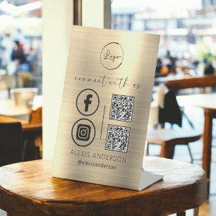 Signe De Table Gold QR Connect With Us Business Logo Médias socia