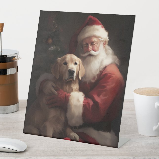 Signe De Table Golden Retriever with Santa Clause Christmas (In SItu)