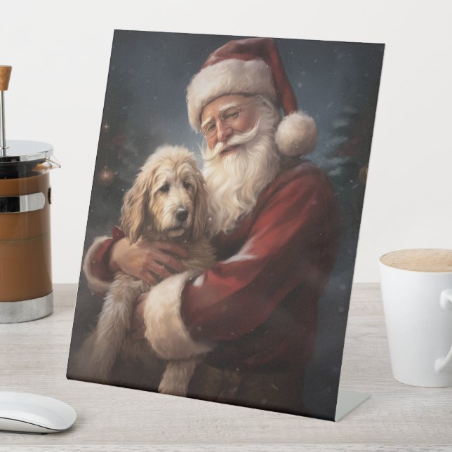 Signe De Table Goldendoodle avec Noël Festif du Père Noël (In SItu)