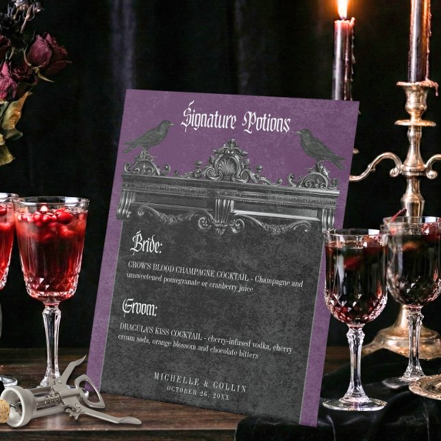 Signe De Table Gothic Black Raven & Roses Purple Wedding Drinks (Créateur téléchargé)