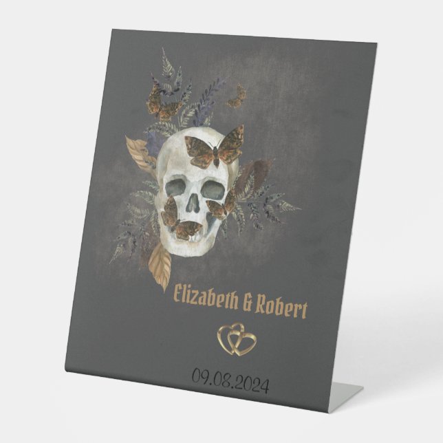 Signe De Table Gothique Floral Mariage papillons crâne (Recto)