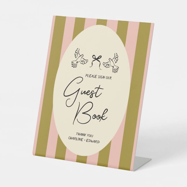 Signe De Table Green Blush Pink Striped Wedding Guestbook Sign (Recto)