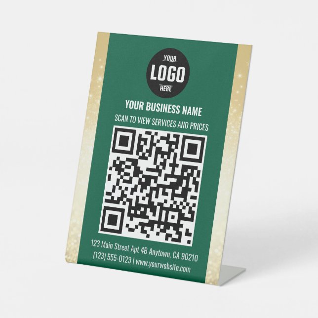 Signe De Table Green & Gold Business QR Code Pedestal Sign (Recto)