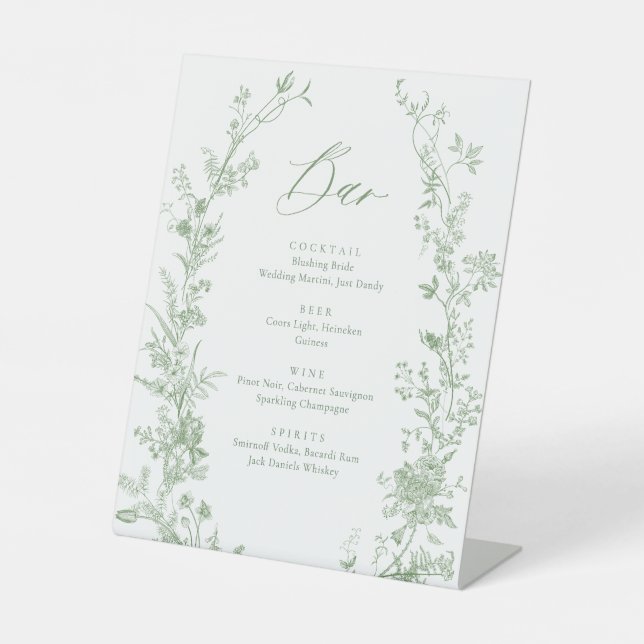 Signe De Table Green Toile Floral Mariage Boire Bar Menu (Recto)