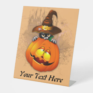 Signe De Table Halloween Cute Kitty Witch et ami Citrouille
