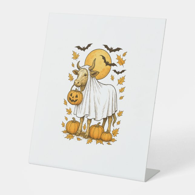 Signe De Table Halloween de vache Highland en costume fantôme (Recto)