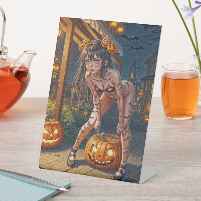 Signe De Table Halloween Monster Jack-o-Lantern & Bat Vixen Girl (In SItu)