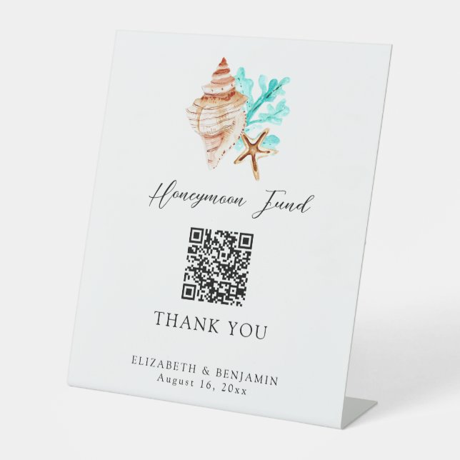 Signe De Table Honeymoon Fund QR Code Coastal Wedding Elegant (Recto)