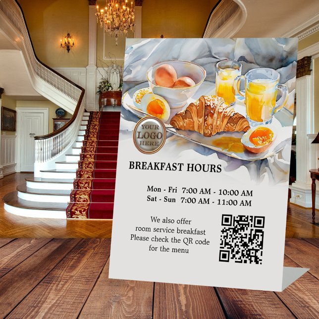 Signe De Table Horaires du petit-déjeuner Hotel Guest House Logo  (Watercolor breakfast business tabletop sign. With logo and QR code template - hotel - BNB - inn)