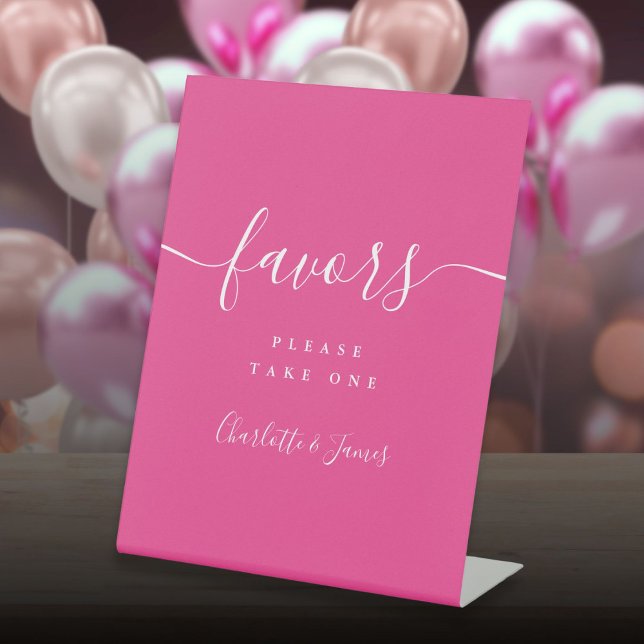 Signe De Table Hot rose moderne Script mariage Faveurs Table (Hot Pink Modern Script Wedding Favors Table Pedestal Sign)