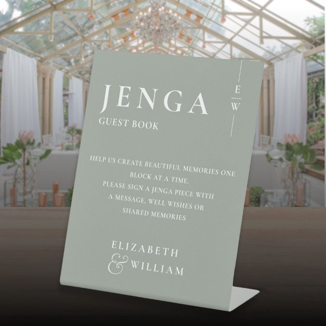 Signe De Table Jenga Livre d'invité Sage Green Minimalist Moderne (Jenga Guest Book Sage Green Minimalist Modern Pedestal Sign)