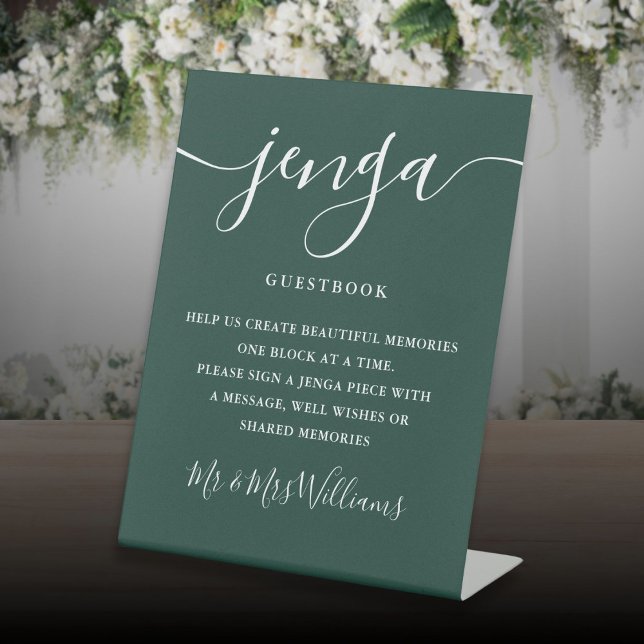 Signe De Table Jenga Mariage Livre d'or Elegant Emerald Green (Jenga Wedding Guestbook Elegant Emerald Green Pedestal Sign)