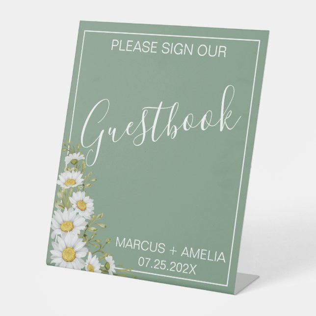 Signe De Table Joli Basil Green & White Daisies Livre d'or (Recto)