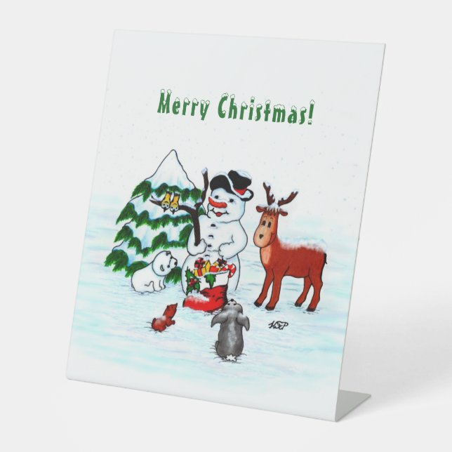 Signe De Table Joyeux Noël ! Snowman avec amis (Recto)