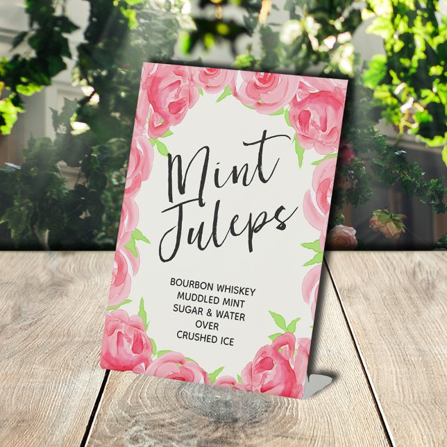 Signe De Table Jus de Fête des mariées de rose chic (Pink Roses Bridal Shower Mint Juleps Pedestal Sign)