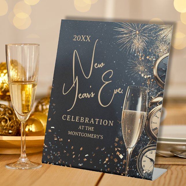 Signe De Table La fête du Nouvel An Chic Champagne (Chic Champagne and Clocks New Year's Eve party table pedestal sign)