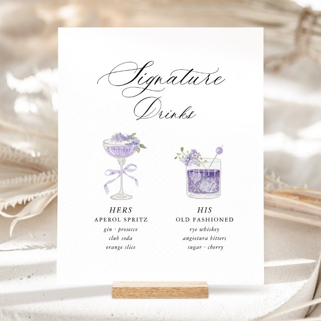 Signe De Table Lavender Signature Drinks Wedding (Lavender signature drinks wedding bar sign with watercolor cocktails, romantic hers & his drink menu)
