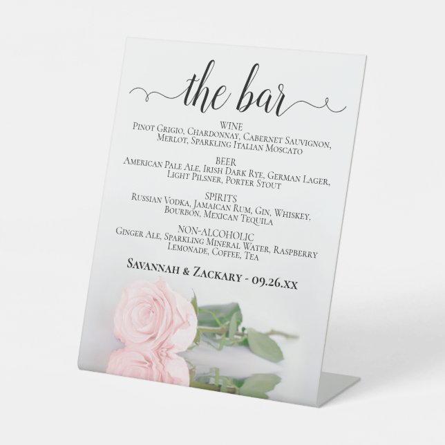 Signe De Table Le Bar - Élégant Rose Boissons Menu Mariage (Recto)