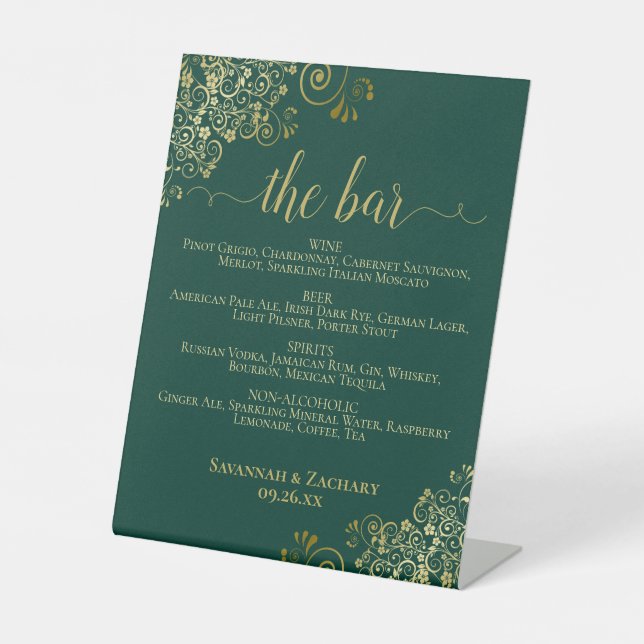 Signe De Table Le bar - Emerald Green & Gold Boissons Menu Mariag (Recto)