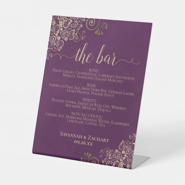Signe De Table Le Bar - Plum Purple & Gold Boissons Menu Mariage (Recto)