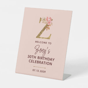 Signe De Table Lettre Z Monogramme Or Roses Rose Pâle Enseigne