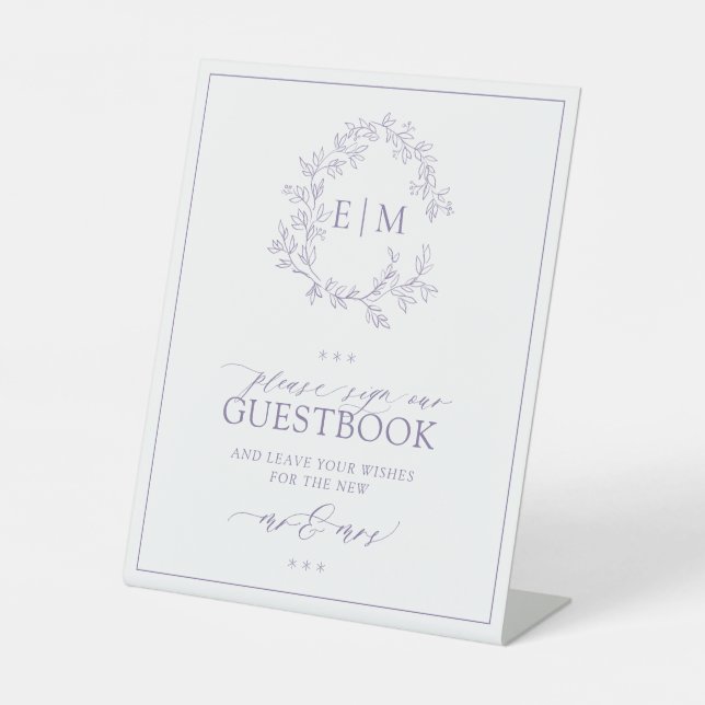 Signe De Table Lilac Leafy Crest Monogram Mariage Livre d'or (Recto)