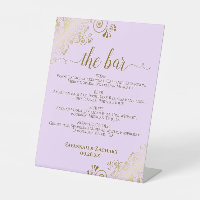 Signe De Table Lilac Purple & Gold Boissons ou Bar Mariage de men (Recto)