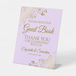 Signe De Table Lilac Purple & Gold S'il vous plaît signer Livre d